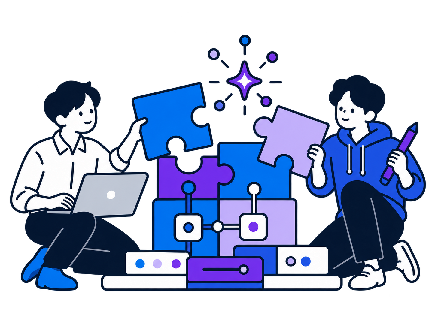 担当者とエンジニアが協力してシステムを組み立てるイラスト