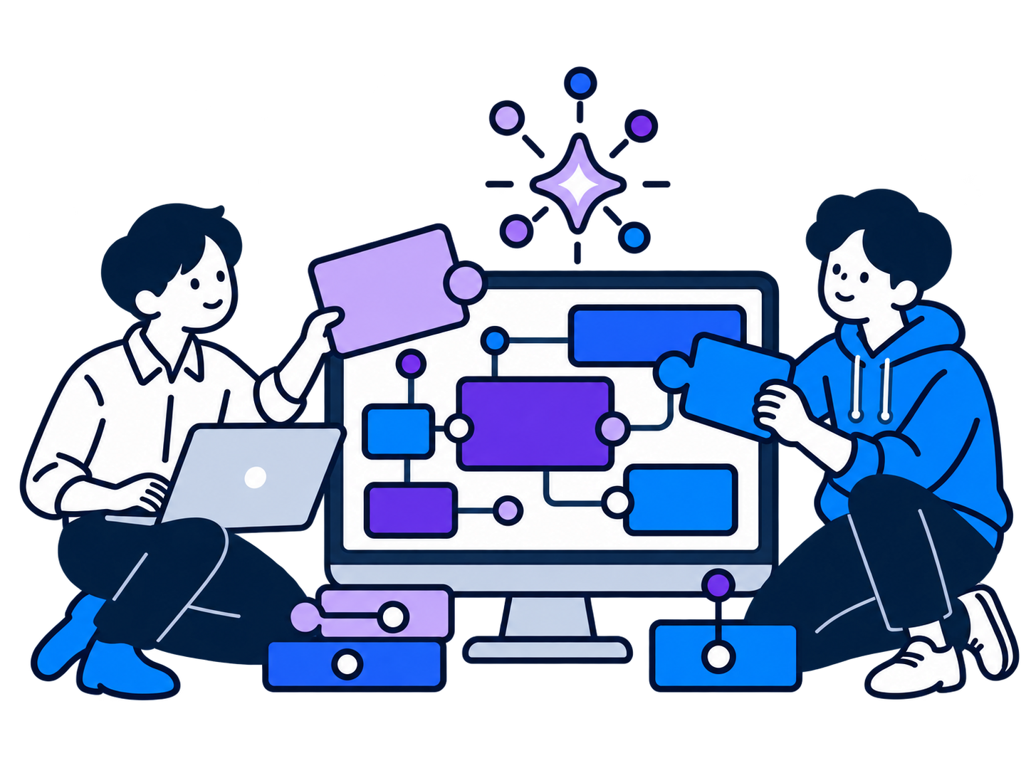 担当者とエンジニアがAIを活用して業務システムを一緒に作るイラスト