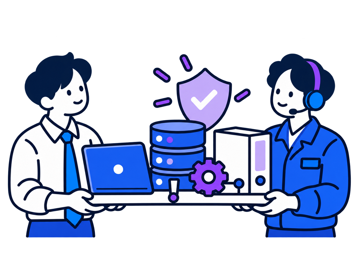 社員からサポートエンジニアへシステムを引き継ぎ、運用を支えるイラスト