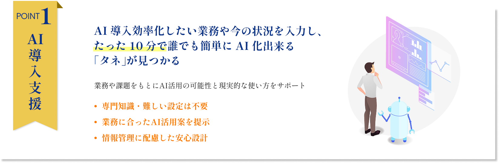 Point1|AI導入支援：効率化したい業務や今の状況を入力し、たった10分で誰でも簡単にAI化出来る「タネ」が見つかる
