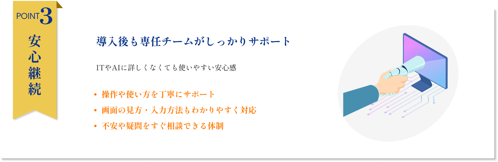 Point3|安心継続：導入後も専任チームがしっかりサポート