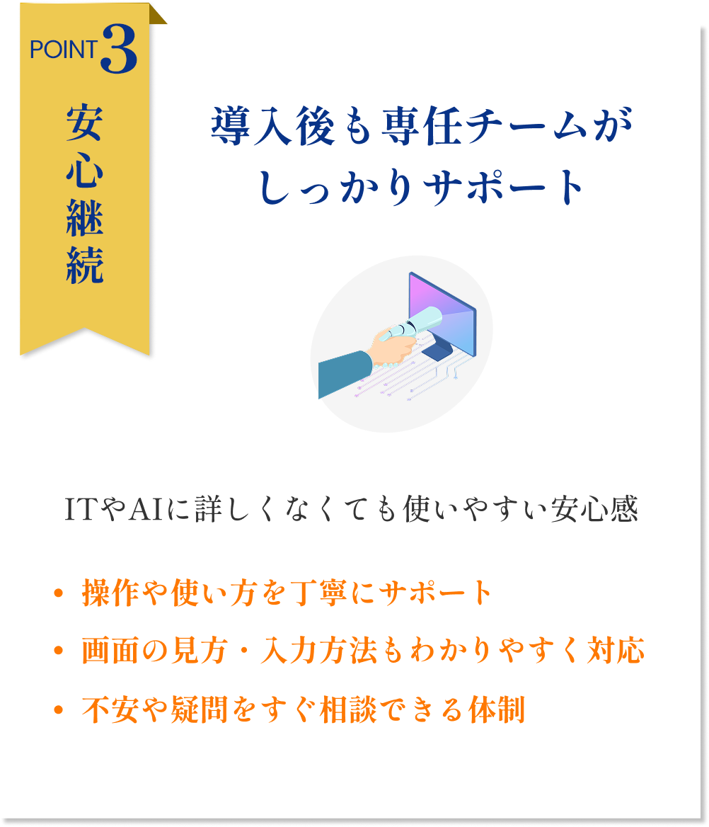 Point3|安心継続：導入後も専任チームがしっかりサポート